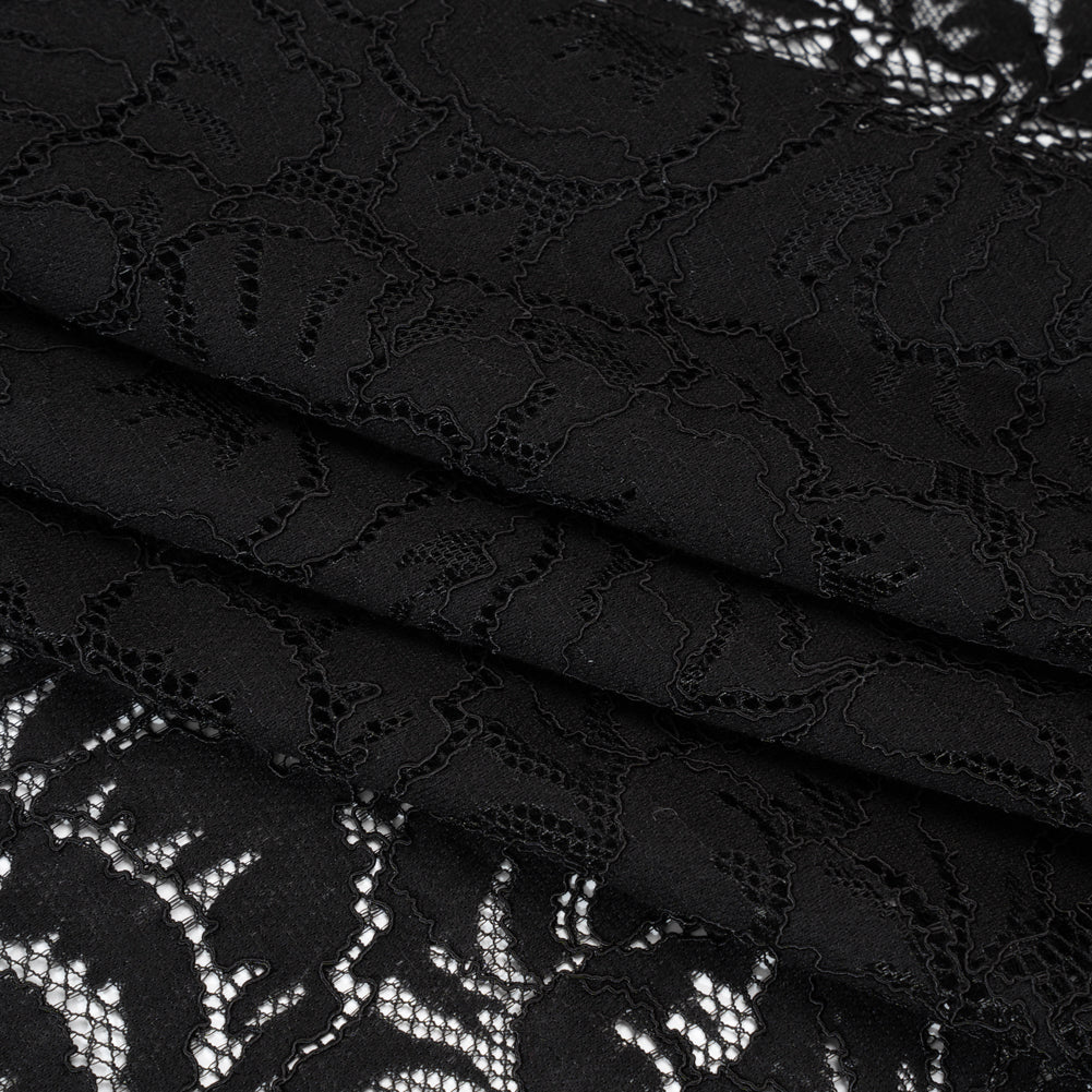 Stretch Corded Lace with Finished Edges - Black Bold Blooming Florals - Dania Collection - Folded