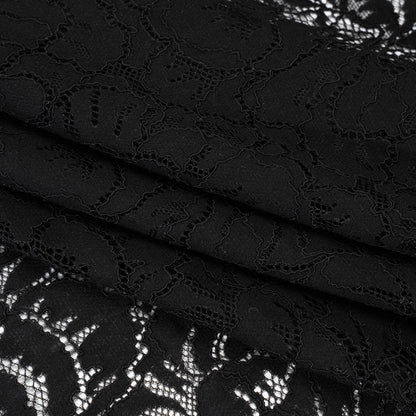 Stretch Corded Lace with Finished Edges - Black Bold Blooming Florals - Dania Collection