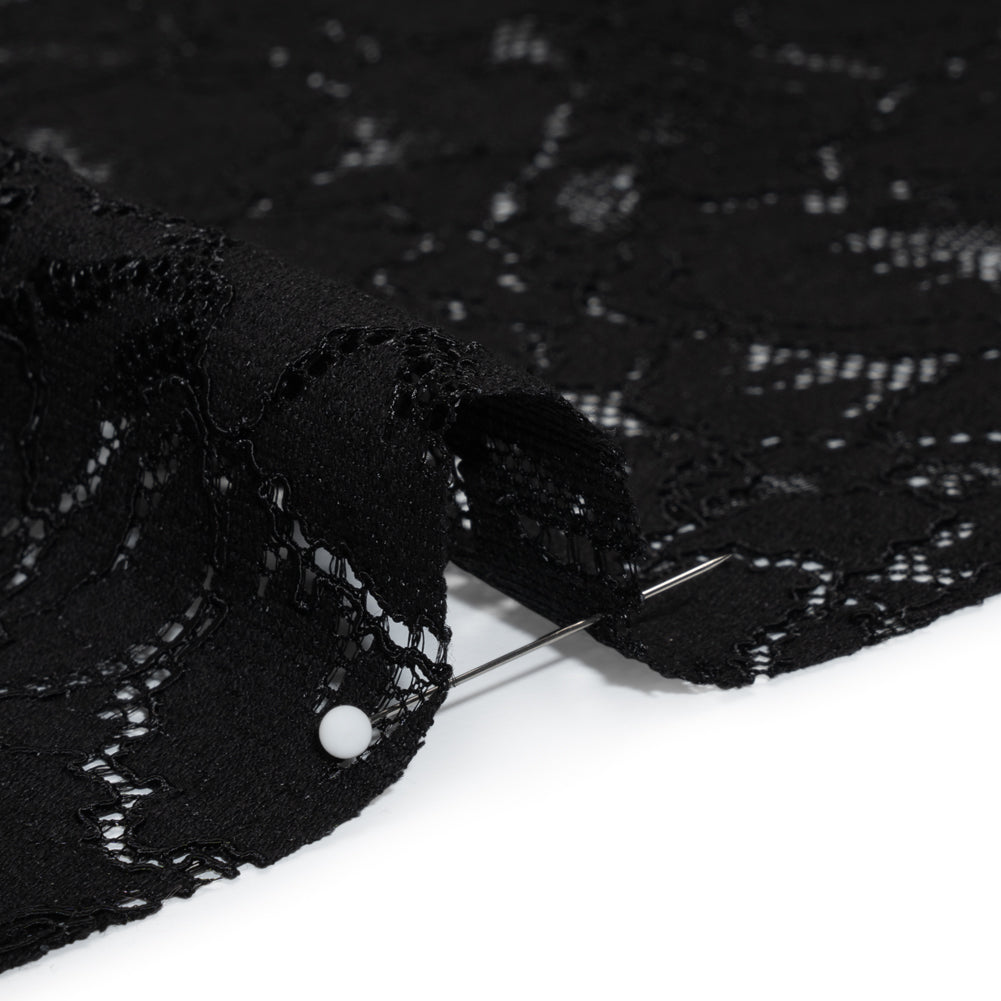 Stretch Corded Lace with Finished Edges - Black Bold Blooming Florals - Dania Collection - Detail