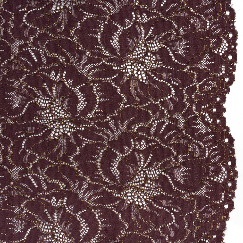 Stretch Metallic Corded Lace with Finished Edges - Deep Orchid Purple and Gold Bold Blooming Florals - Dania Collection