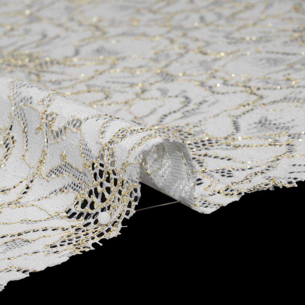 Stretch Metallic Corded Lace with Finished Edges - Ivory and Gold Bold Blooming Florals - Dania Collection - Detail