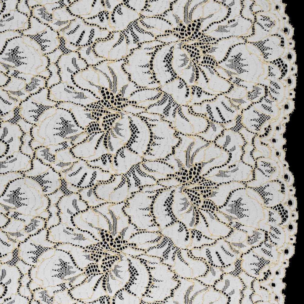 Stretch Metallic Corded Lace with Finished Edges - Ivory and Gold Bold Blooming Florals - Dania Collection