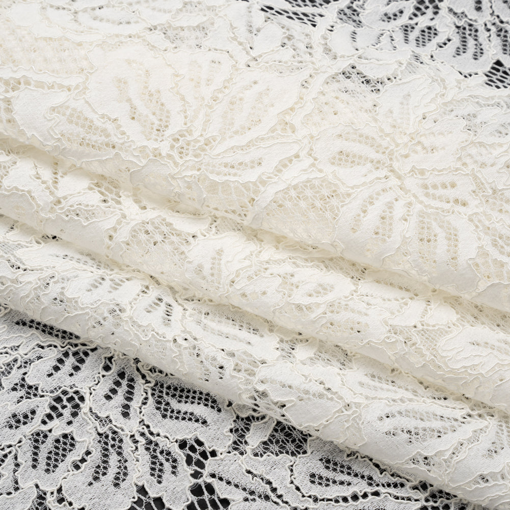 Stretch Corded Lace with Finished Edges - Ivory Tropical Blossoms - Ottilie Collection