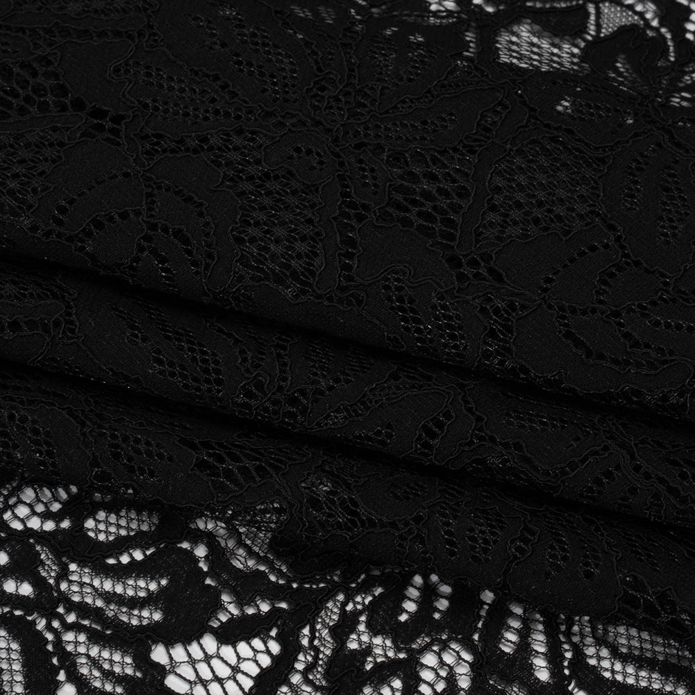 Stretch Corded Lace with Finished Edges - Black Tropical Blossoms - Ottilie Collection