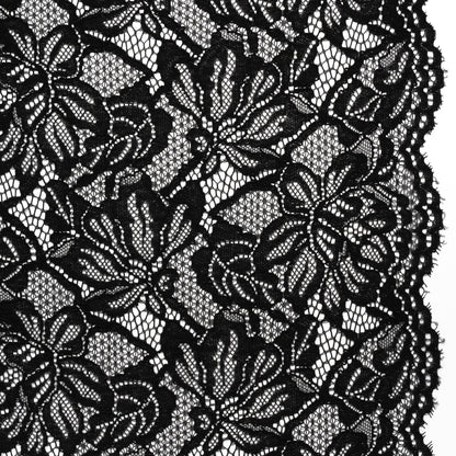 Stretch Corded Lace with Finished Edges - Black Tropical Blossoms - Ottilie Collection