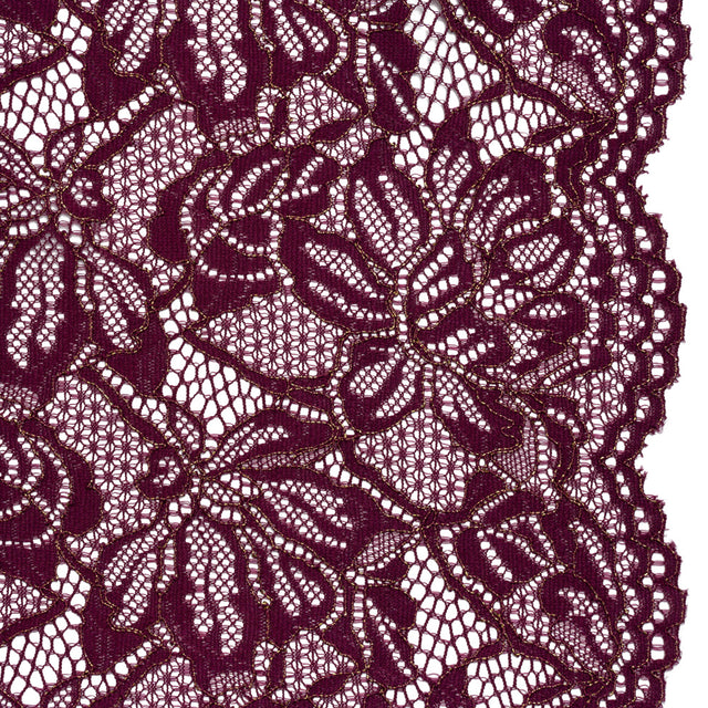 Stretch Metallic Corded Lace with Finished Edges - Dark Purple and Gold Tropical Blossoms - Ottilie Collection