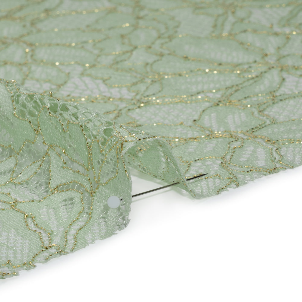 Stretch Metallic Corded Lace with Finished Edges - Dusty Aqua and Gold Tropical Blossoms - Ottilie Collection - Detail