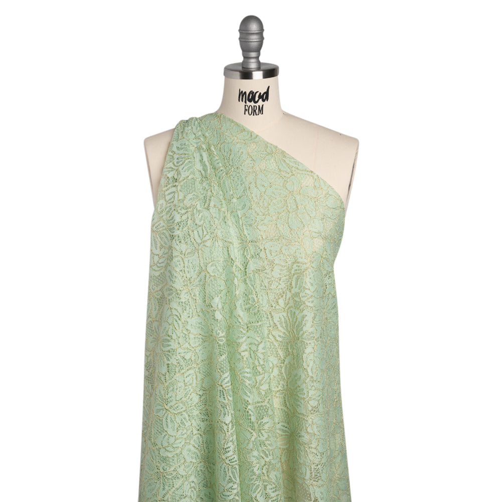 Stretch Metallic Corded Lace with Finished Edges - Dusty Aqua and Gold Tropical Blossoms - Ottilie Collection - Drape