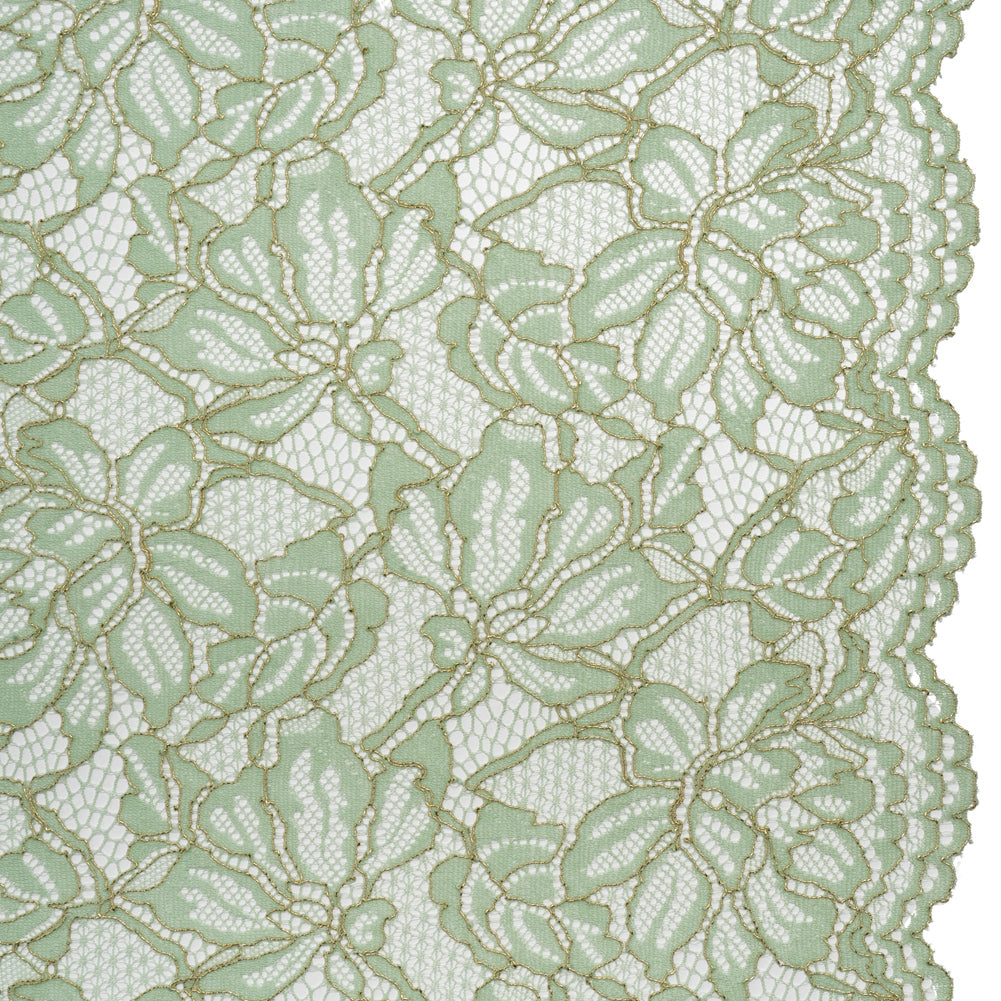 Stretch Metallic Corded Lace with Finished Edges - Dusty Aqua and Gold Tropical Blossoms - Ottilie Collection