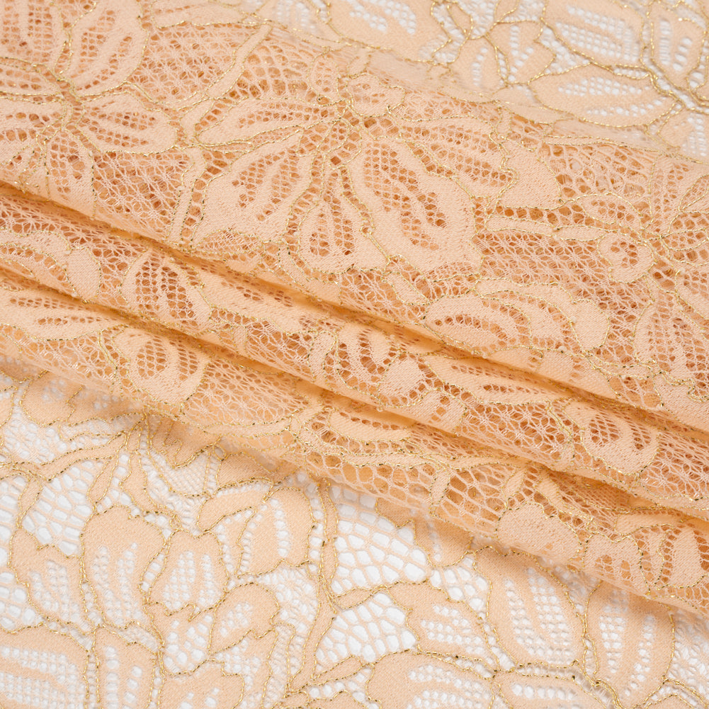 Stretch Metallic Corded Lace with Finished Edges - Linen Beige and Gold Tropical Blossoms - Ottilie Collection