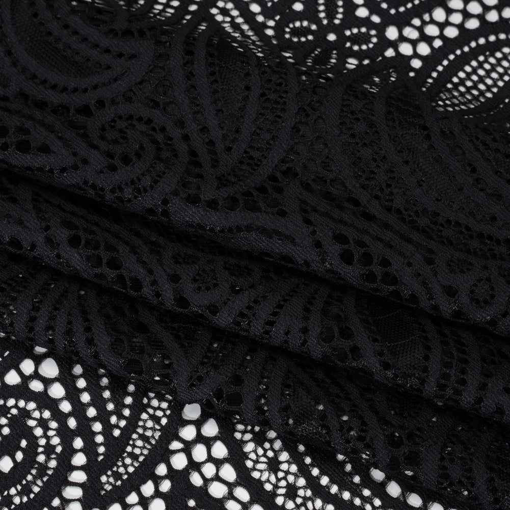 Stretch Raschel Lace with Finished Edges - Black Swirling Gardens - Folded