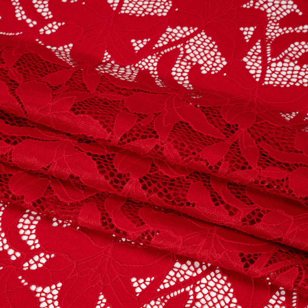 Recycled Stretch Raschel Lace with Finished Edges - Cherry Red Dancing Lilies - Folded