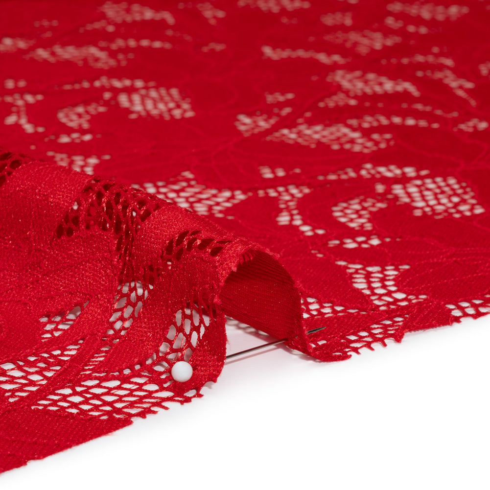 Recycled Stretch Raschel Lace with Finished Edges - Cherry Red Dancing Lilies - Detail