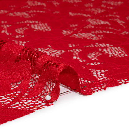 Recycled Stretch Raschel Lace with Finished Edges - Cherry Red Dancing Lilies