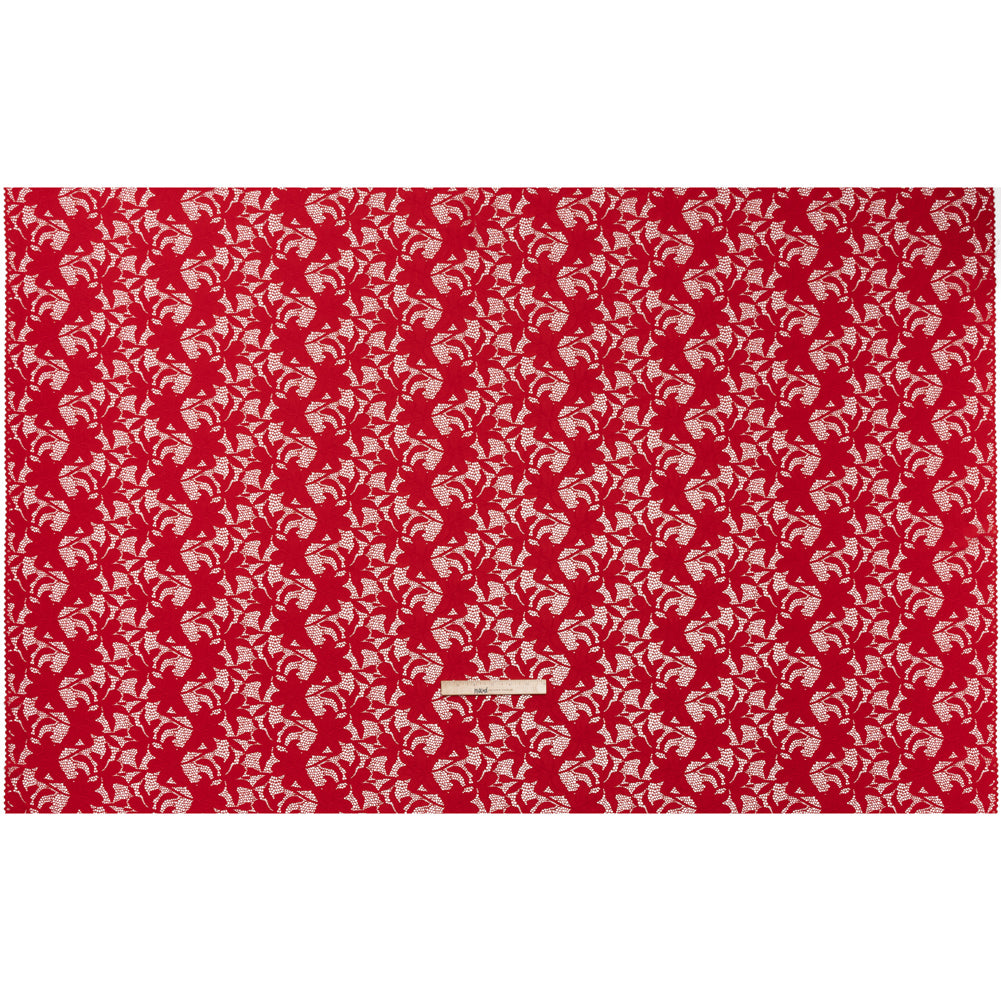 Recycled Stretch Raschel Lace with Finished Edges - Cherry Red Dancing Lilies - Full