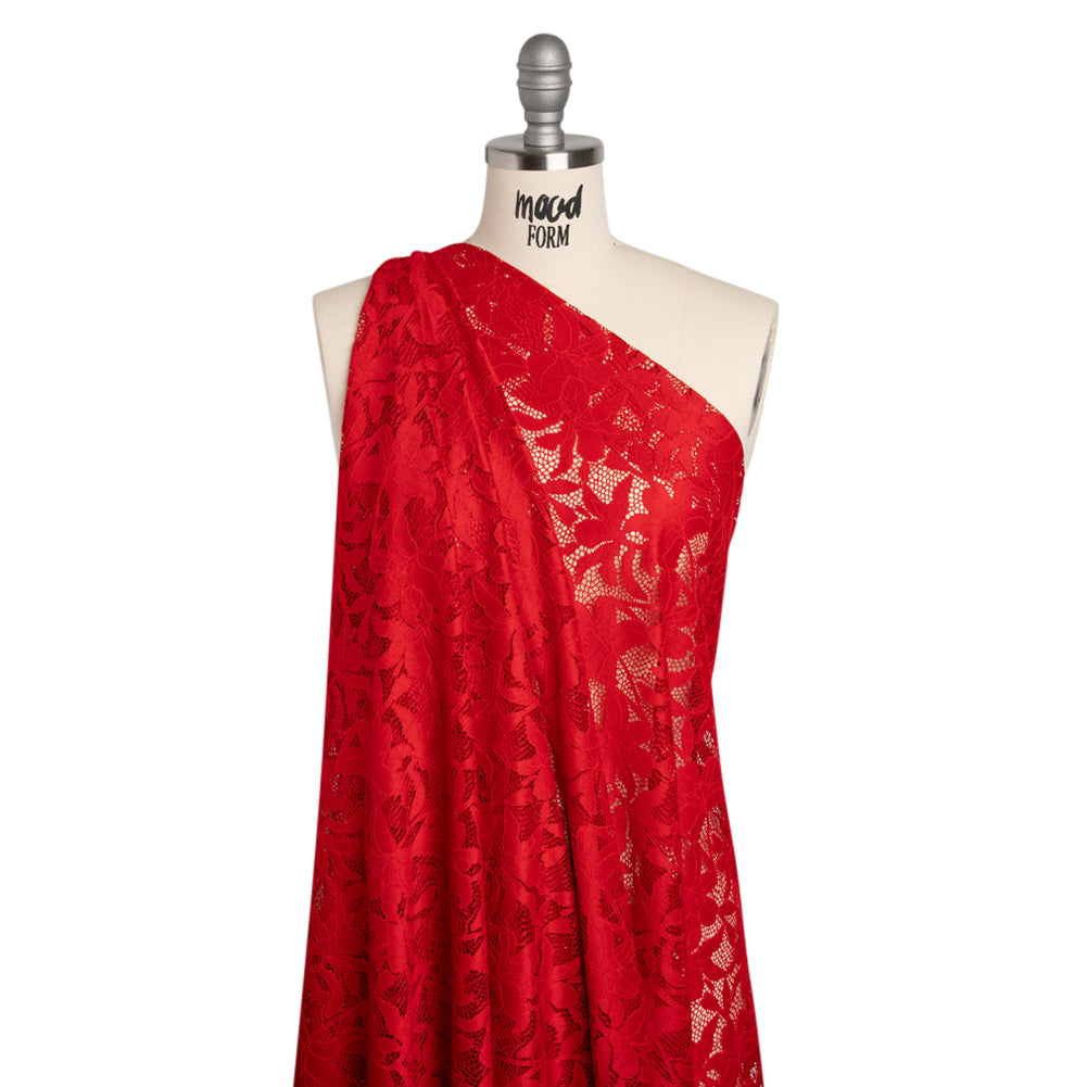 Recycled Stretch Raschel Lace with Finished Edges - Cherry Red Dancing Lilies - Drape