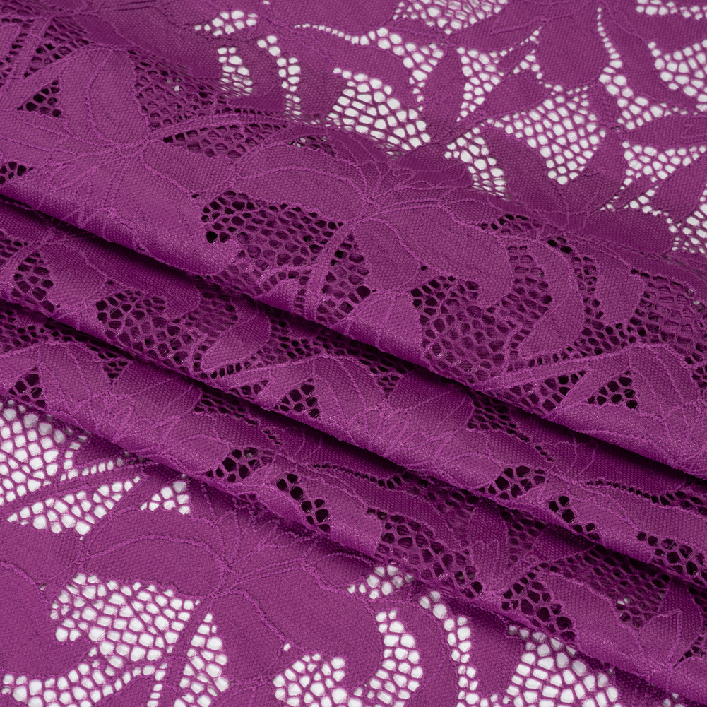 Recycled Stretch Raschel Lace with Finished Edges - Anemone Purple Dancing Lilies - Folded