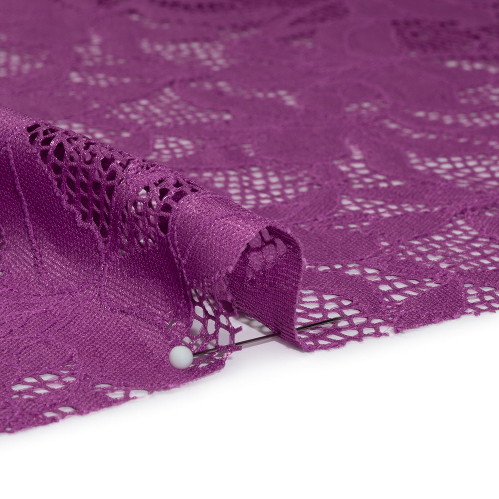 Recycled Stretch Raschel Lace with Finished Edges - Anemone Purple Dancing Lilies - Detail