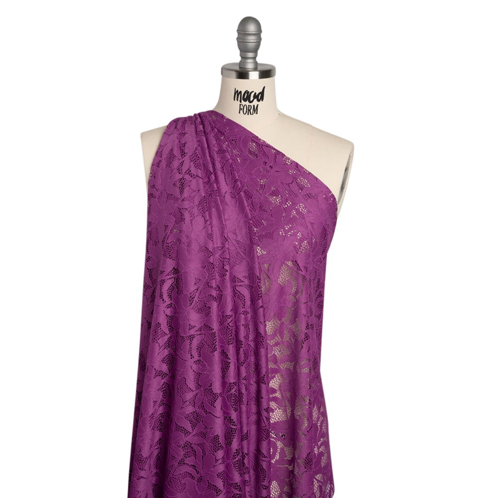 Recycled Stretch Raschel Lace with Finished Edges - Anemone Purple Dancing Lilies - Drape