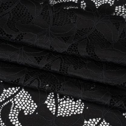 Recycled Stretch Raschel Lace with Finished Edges - Black Dancing Lilies