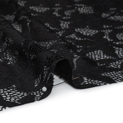 Recycled Stretch Raschel Lace with Finished Edges - Black Dancing Lilies
