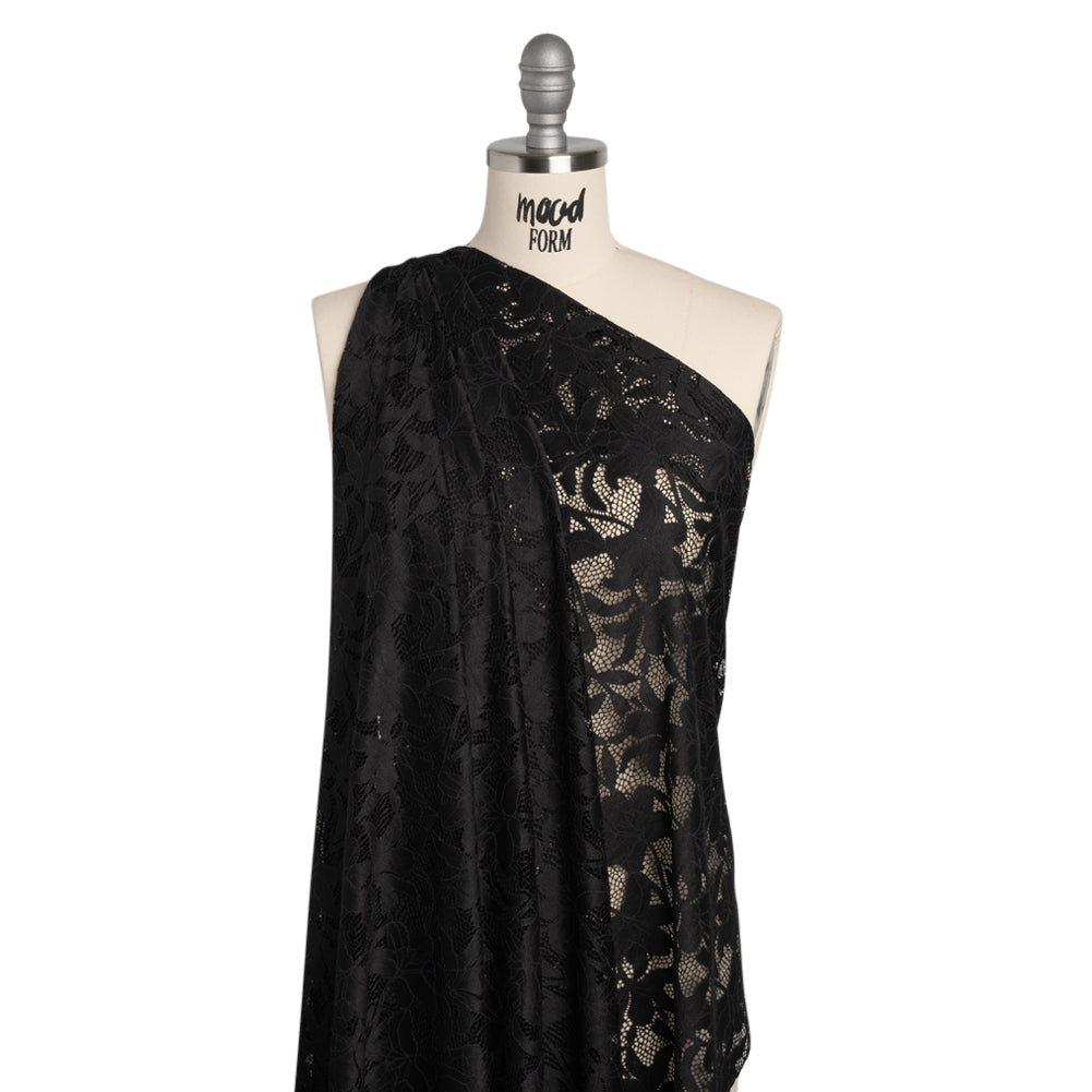 Recycled Stretch Raschel Lace with Finished Edges - Black Dancing Lilies