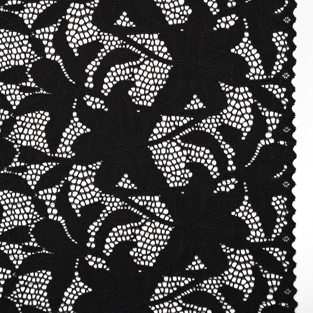 Recycled Stretch Raschel Lace with Finished Edges - Black Dancing Lilies