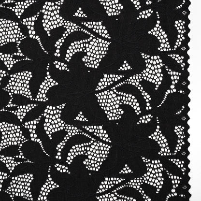 Recycled Stretch Raschel Lace with Finished Edges - Black Dancing Lilies