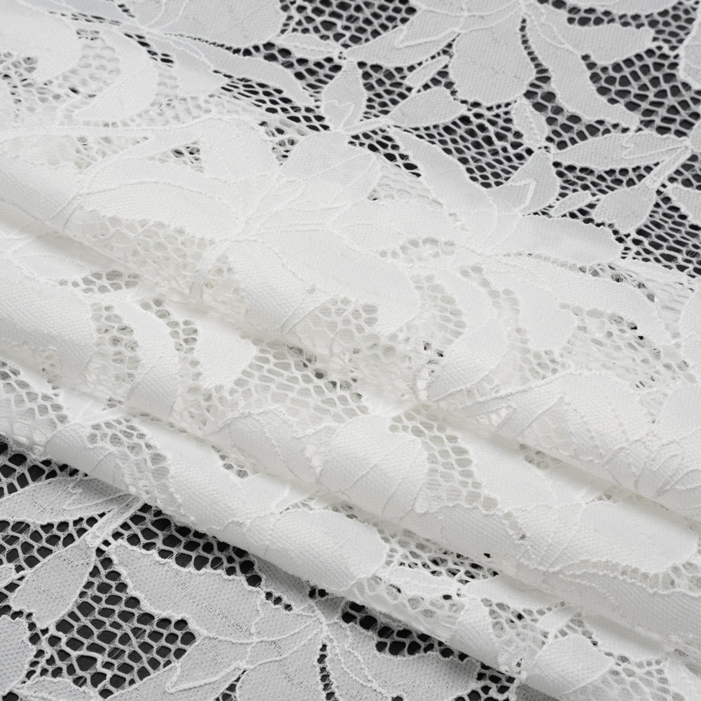 Recycled Stretch Raschel Lace with Finished Edges - PFD White Dancing Lilies - Folded