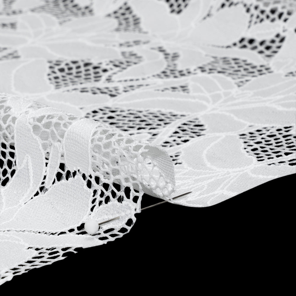 Recycled Stretch Raschel Lace with Finished Edges - PFD White Dancing Lilies - Detail