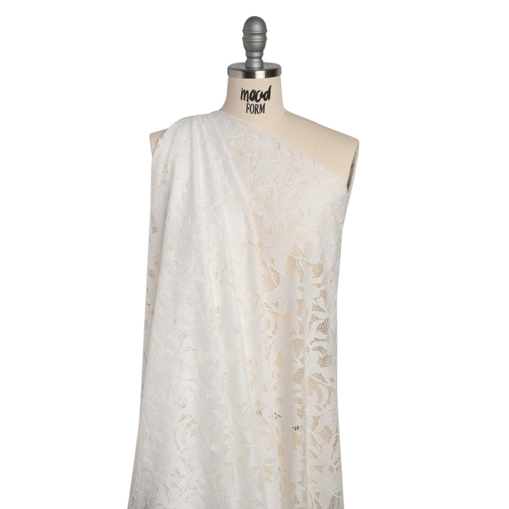 Recycled Stretch Raschel Lace with Finished Edges - PFD White Dancing Lilies - Drape