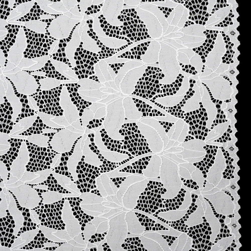 Recycled Stretch Raschel Lace with Finished Edges - PFD White Dancing Lilies