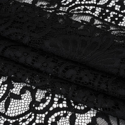 Corded Lace Panel with Finished Eyelash Fringe Edges - Black Floral Flows