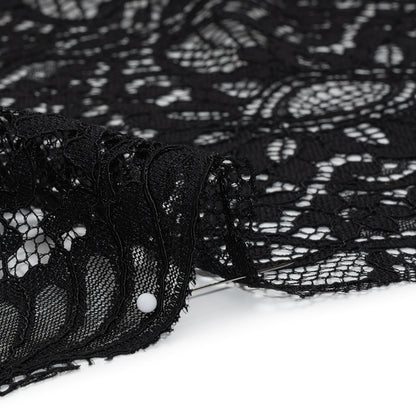 Corded Lace Panel with Finished Eyelash Fringe Edges - Black Floral Flows