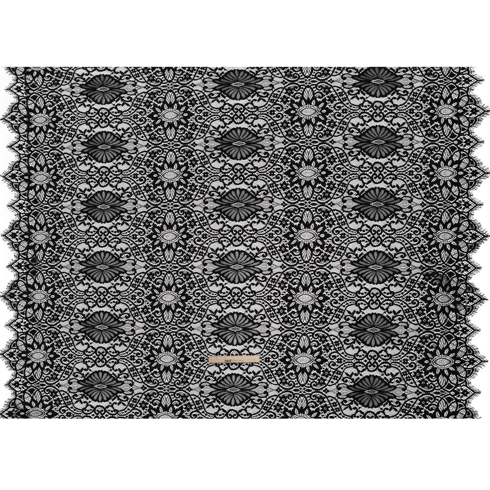 Corded Lace Panel with Finished Eyelash Fringe Edges - Black Floral Flows