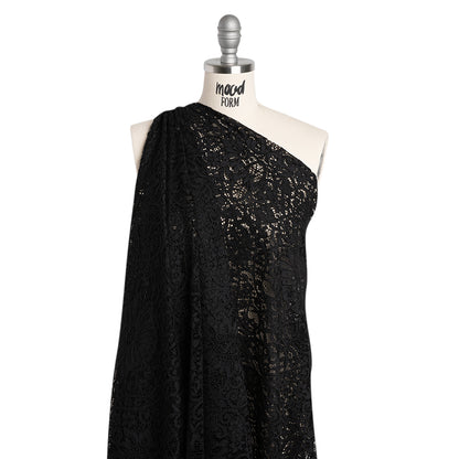 Corded Lace Panel with Finished Eyelash Fringe Edges - Black Floral Flows