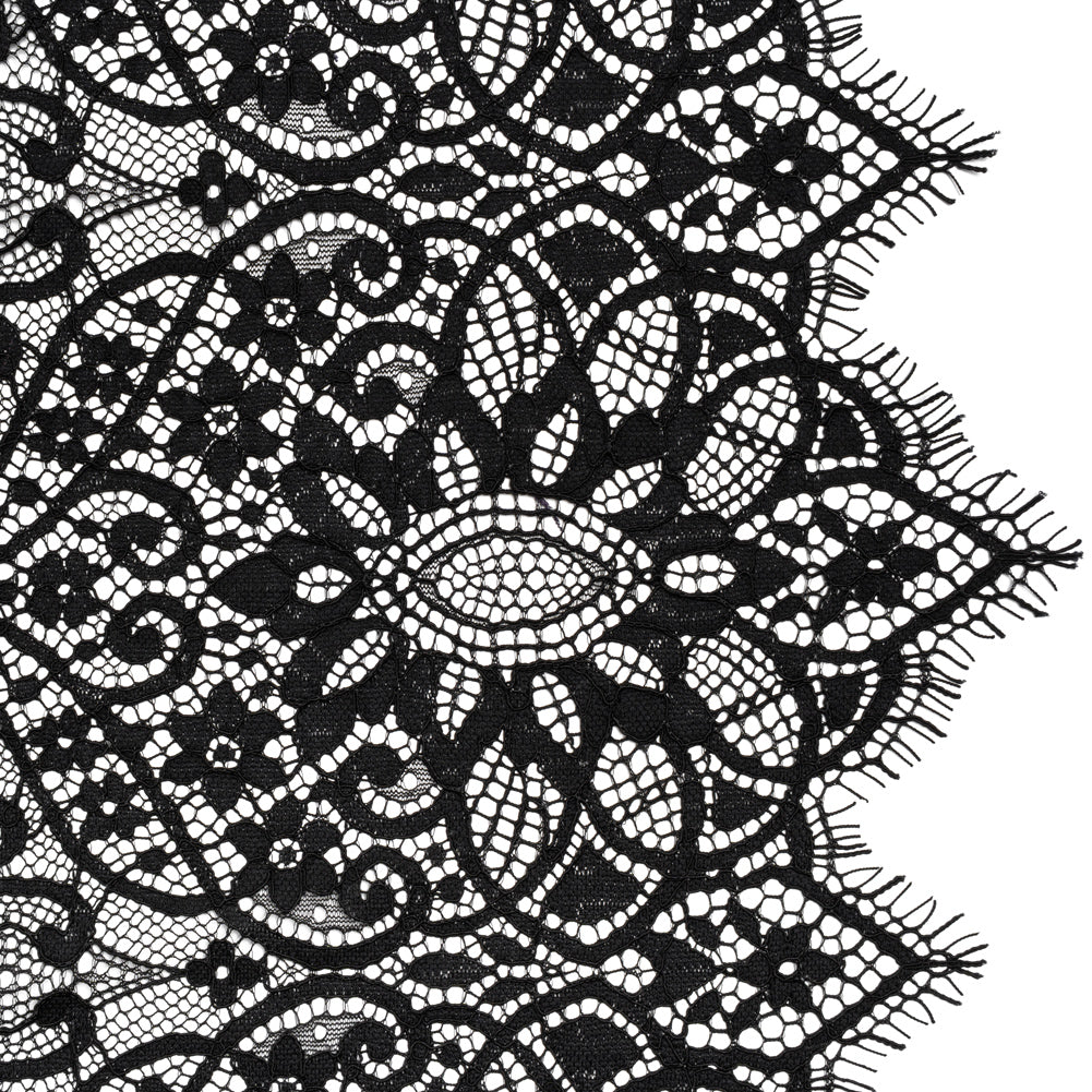 Corded Lace Panel with Finished Eyelash Fringe Edges - Black Floral Flows