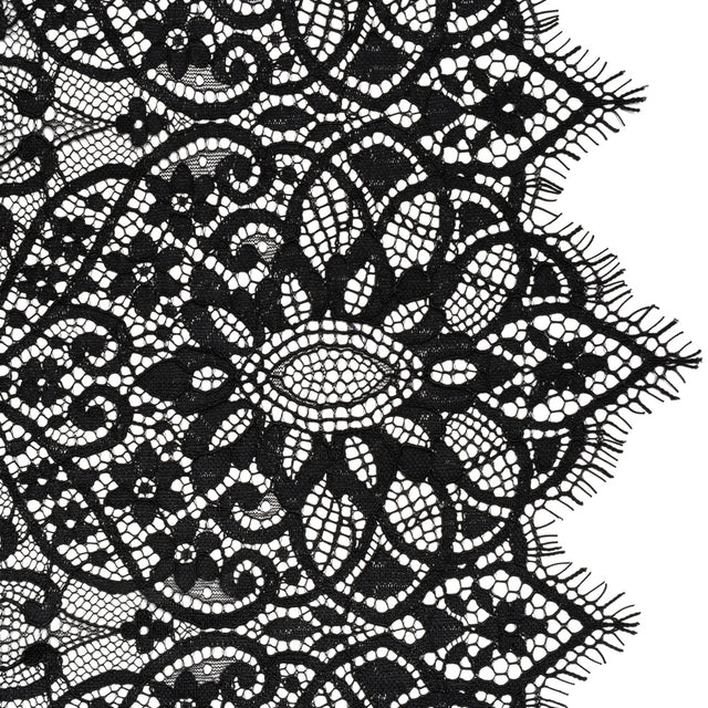 Corded Lace Panel with Finished Eyelash Fringe Edges - Black Floral Flows