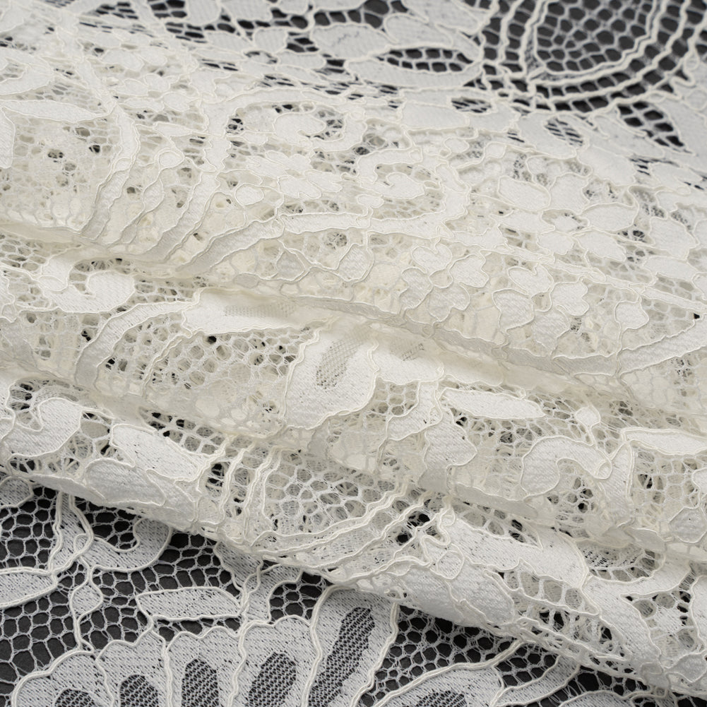 Corded Lace Panel with Finished Eyelash Fringe Edges - Ivory Floral Flows