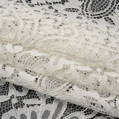 Corded Lace Panel with Finished Eyelash Fringe Edges - Ivory Floral Flows