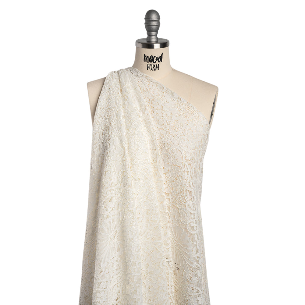 Corded Lace Panel with Finished Eyelash Fringe Edges - Ivory Floral Flows