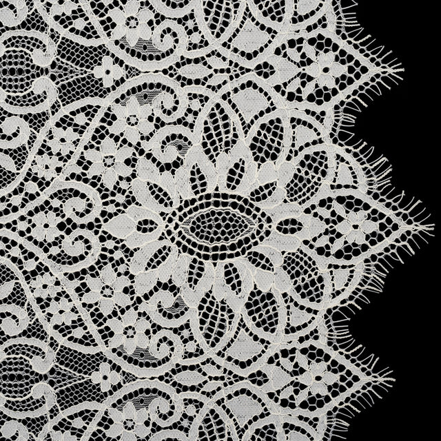 Corded Lace Panel with Finished Eyelash Fringe Edges - Ivory Floral Flows