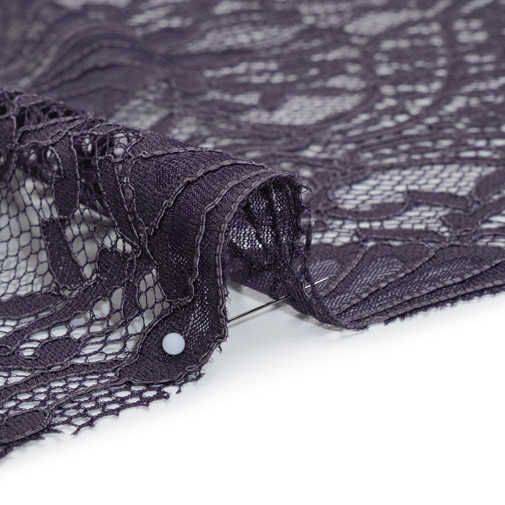 Corded Lace Panel with Finished Eyelash Fringe Edges - Smoke Floral Flows - Detail