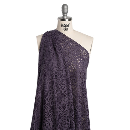 Corded Lace Panel with Finished Eyelash Fringe Edges - Smoke Floral Flows