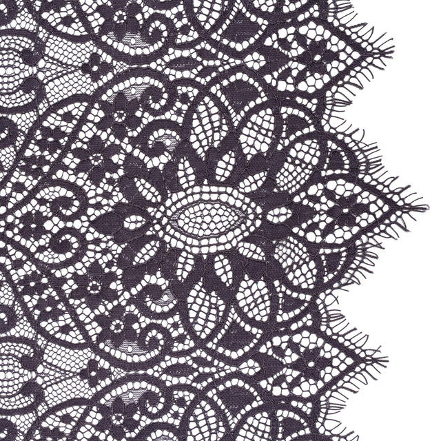 Corded Lace Panel with Finished Eyelash Fringe Edges - Smoke Floral Flows