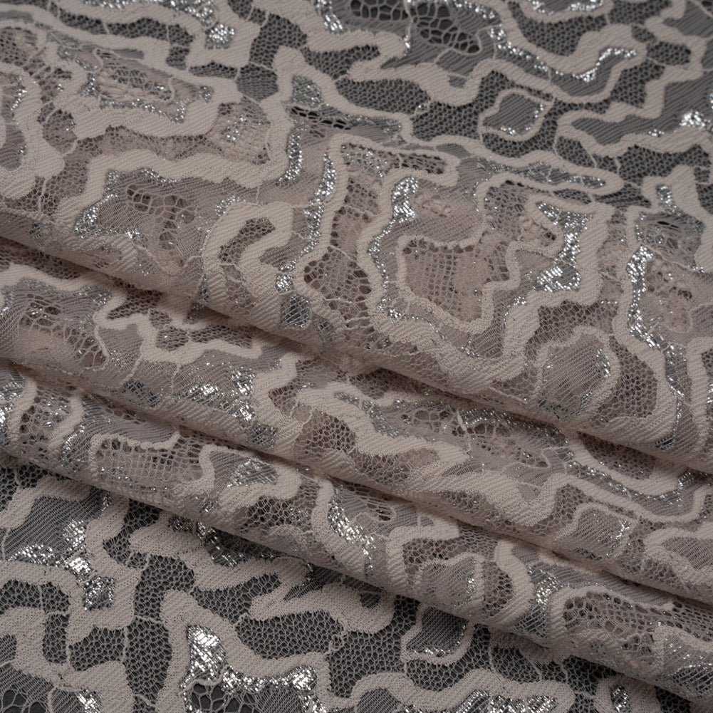 Metallic Raschel Lace Panel with Scalloped Fringed Edges - Silver, Sandstone and Taupe Abstract Squiggles