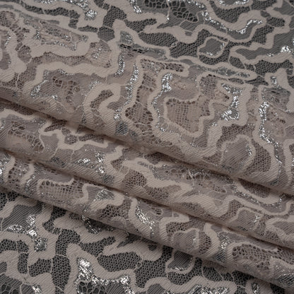 Metallic Raschel Lace Panel with Scalloped Fringed Edges - Silver, Sandstone and Taupe Abstract Squiggles