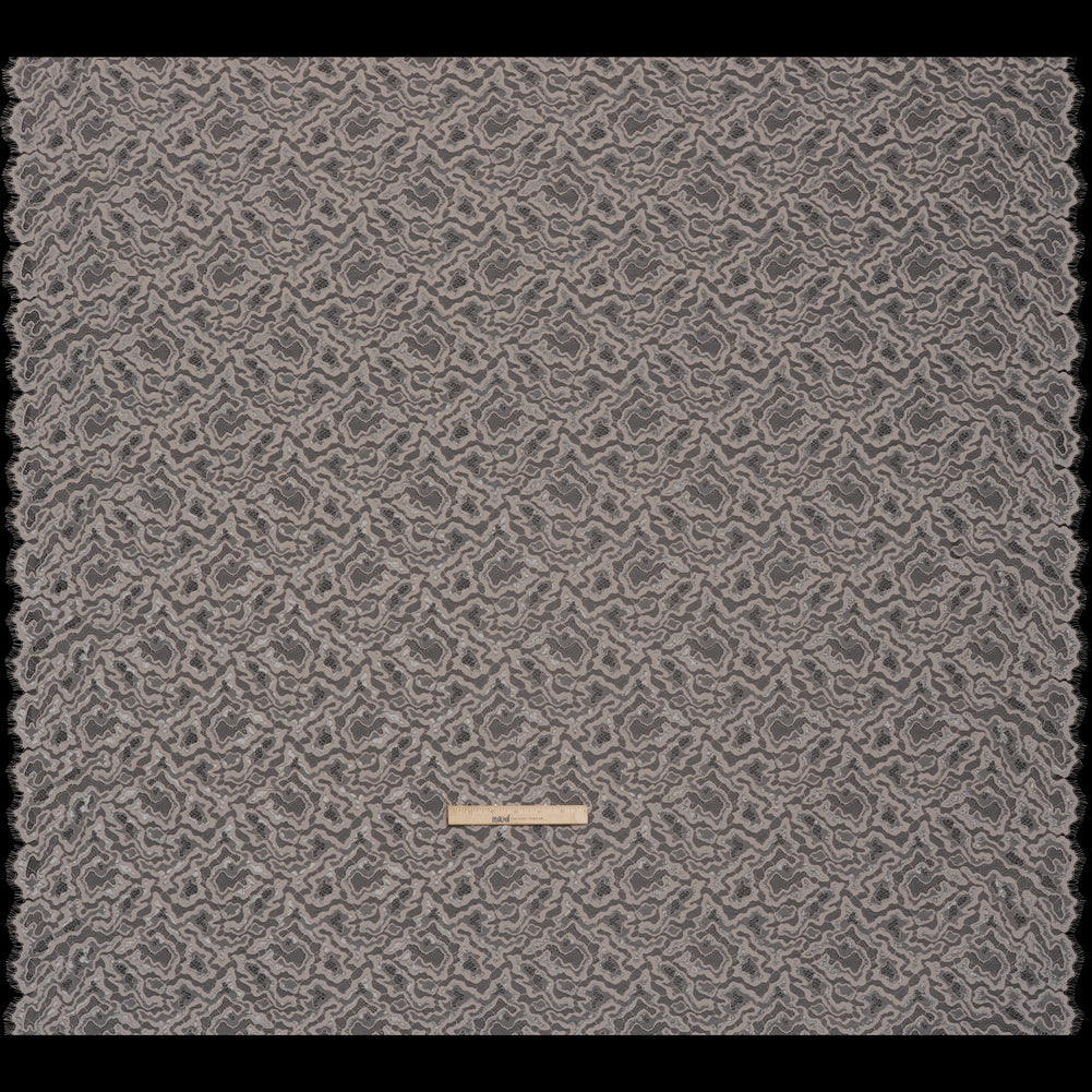 Metallic Raschel Lace Panel with Scalloped Fringed Edges - Silver, Sandstone and Taupe Abstract Squiggles