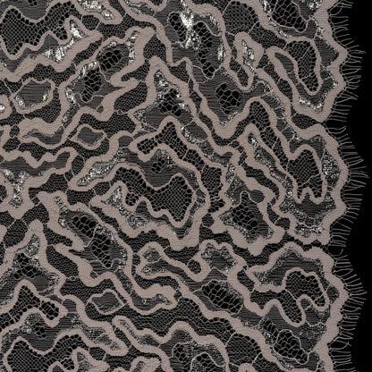 Metallic Raschel Lace Panel with Scalloped Fringed Edges - Silver, Sandstone and Taupe Abstract Squiggles