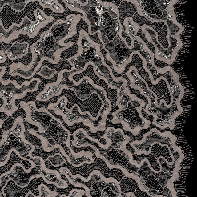 Metallic Raschel Lace Panel with Scalloped Fringed Edges - Silver, Sandstone and Taupe Abstract Squiggles